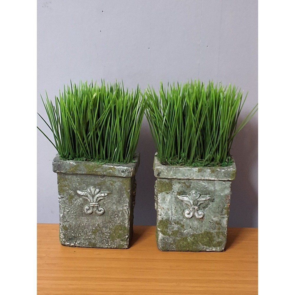 Pair Of Artificial Potted Green Grass Plants In Rustic Concrete Hangable...